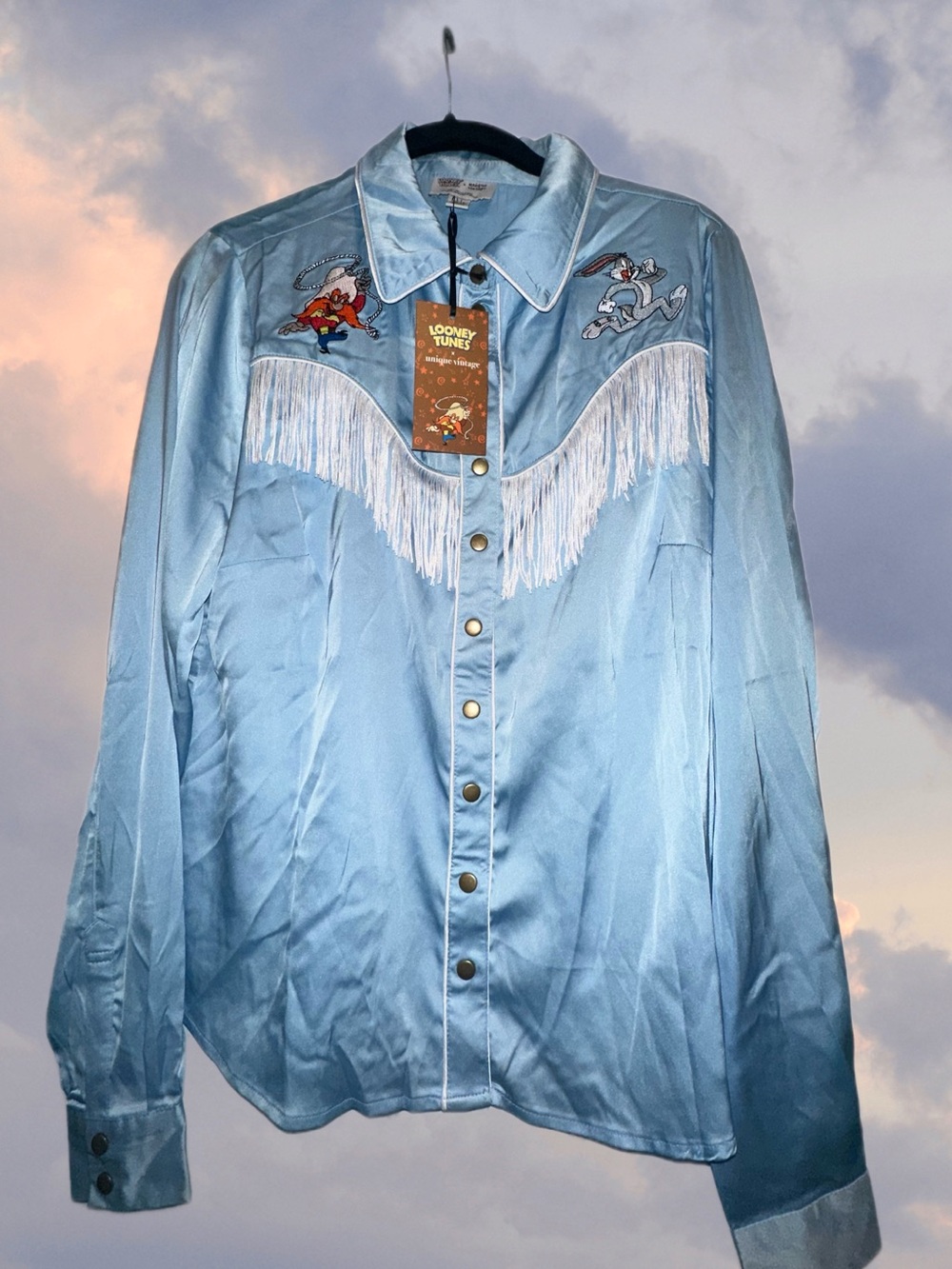 Unique Vintage Light Blue Satin Fringe Button-Down Shirt Looney Tunes Western - Picture 4 of 6